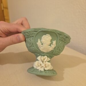 Vintage Mint Green Ceramic Relief Design Vase with White Cameo and Roses Wedding